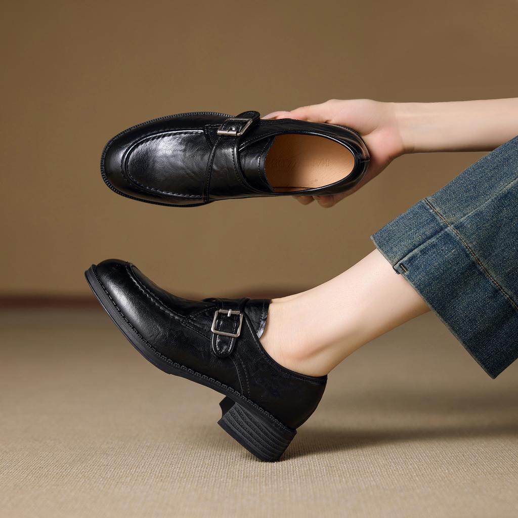 Genuine leather flat-soled small leather shoes women's thick-soled one-pedal single shoes belt buckle loafers
