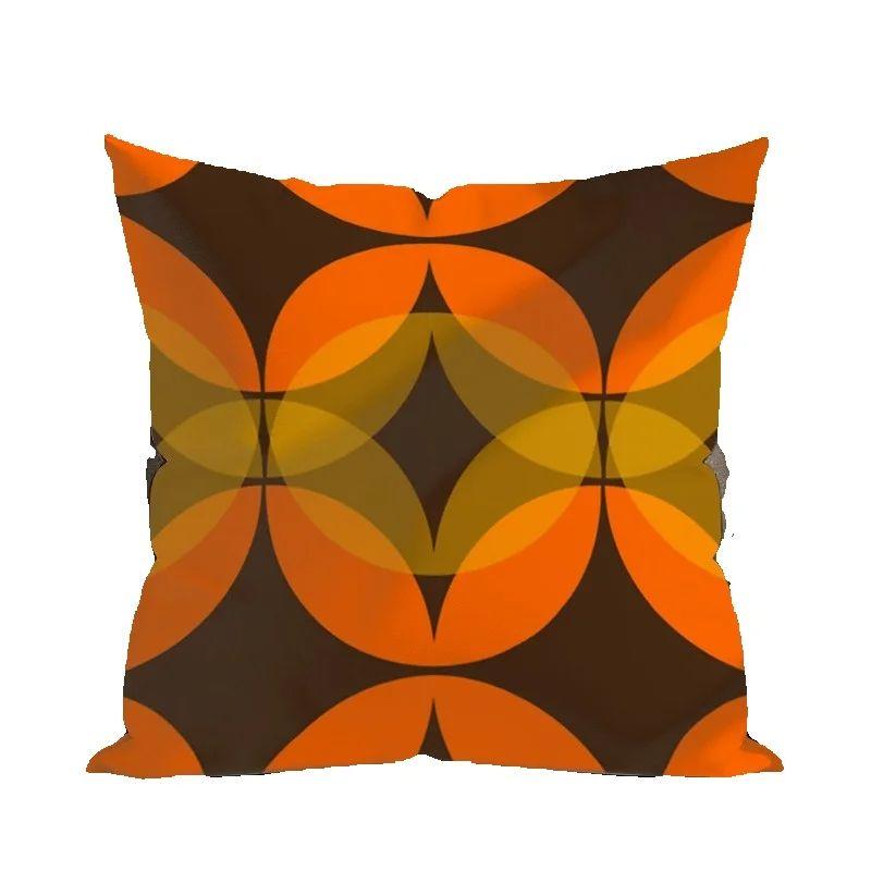 1Pc Orange Brown Mid Century Pillow Cover, Polyester 2D Double Sided Print Cushion Case, 70S Retro Geometric Throw Pillowcase, B