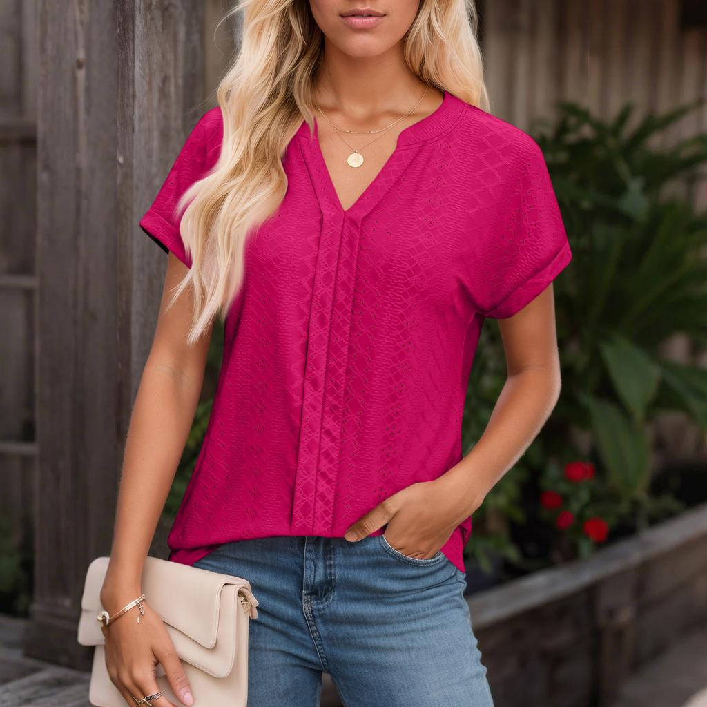 Womens Tops Short Sleeve V T-Shirt Blouse Dressy Causal Eyelet Embroidery Summer Fashion Clothes