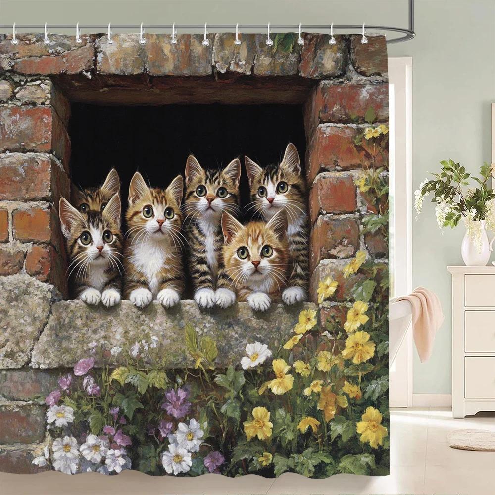 Lovely Cat and Dog Animal Shower Curtain Country Scenery Cats and Dogs Printing Bathroom Curtain With Hooks Home Decor Curtain