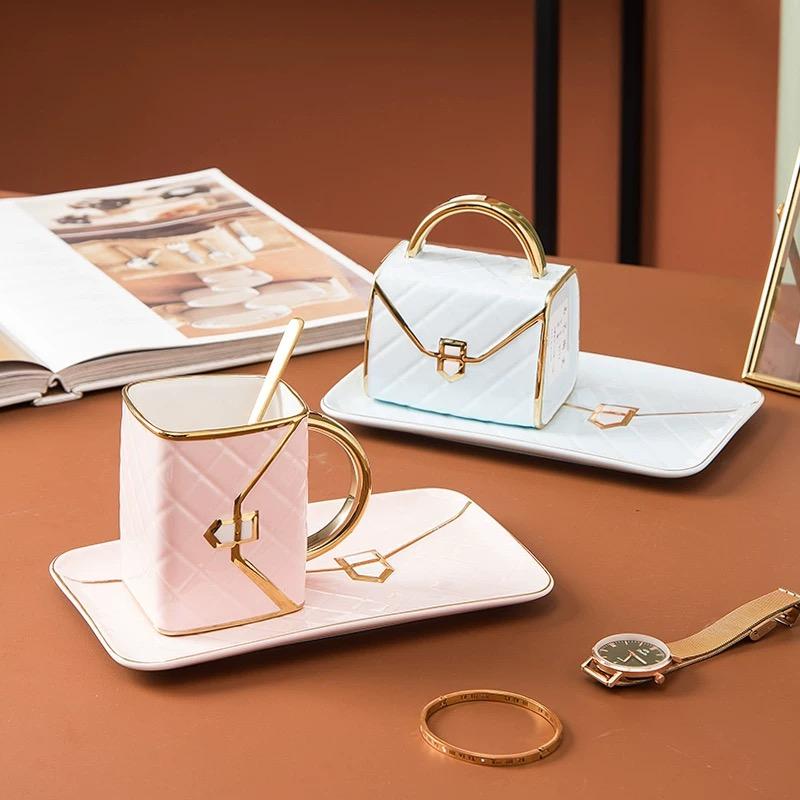 Luxury European Ceramic Coffee Cup Set – Bag Shape Mug with Saucer & Spoon