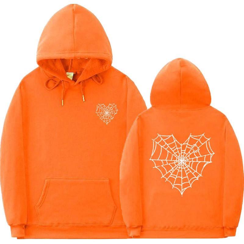 Gothic Spiderweb Print Hooded Sweatshirt Unisex Oversized Pullover With Ribbed Hem Fall