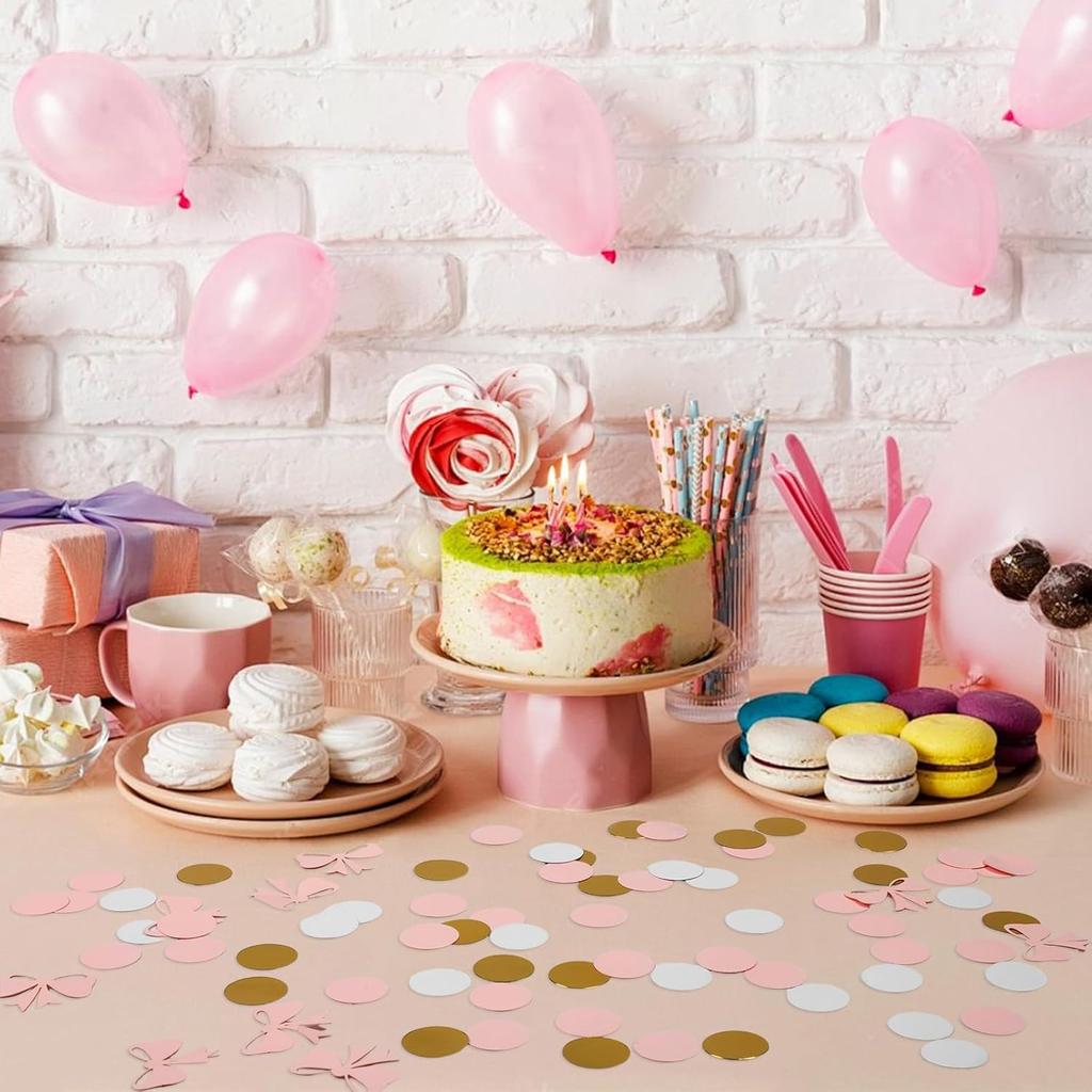 200 Pcs Pink Bow Confetti Table Decoration, Gold Dot Paper Pink Confetti for Birthday Bachelorette Engagement Wedding Bridal Shower Baby Shower Party