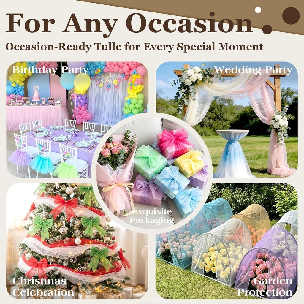 Organza Tulle Fabric, Sheer Silky Netting Fabric for Wedding Birthday Party Event Decorations Table Skirt DIY Decor Chair Bows
