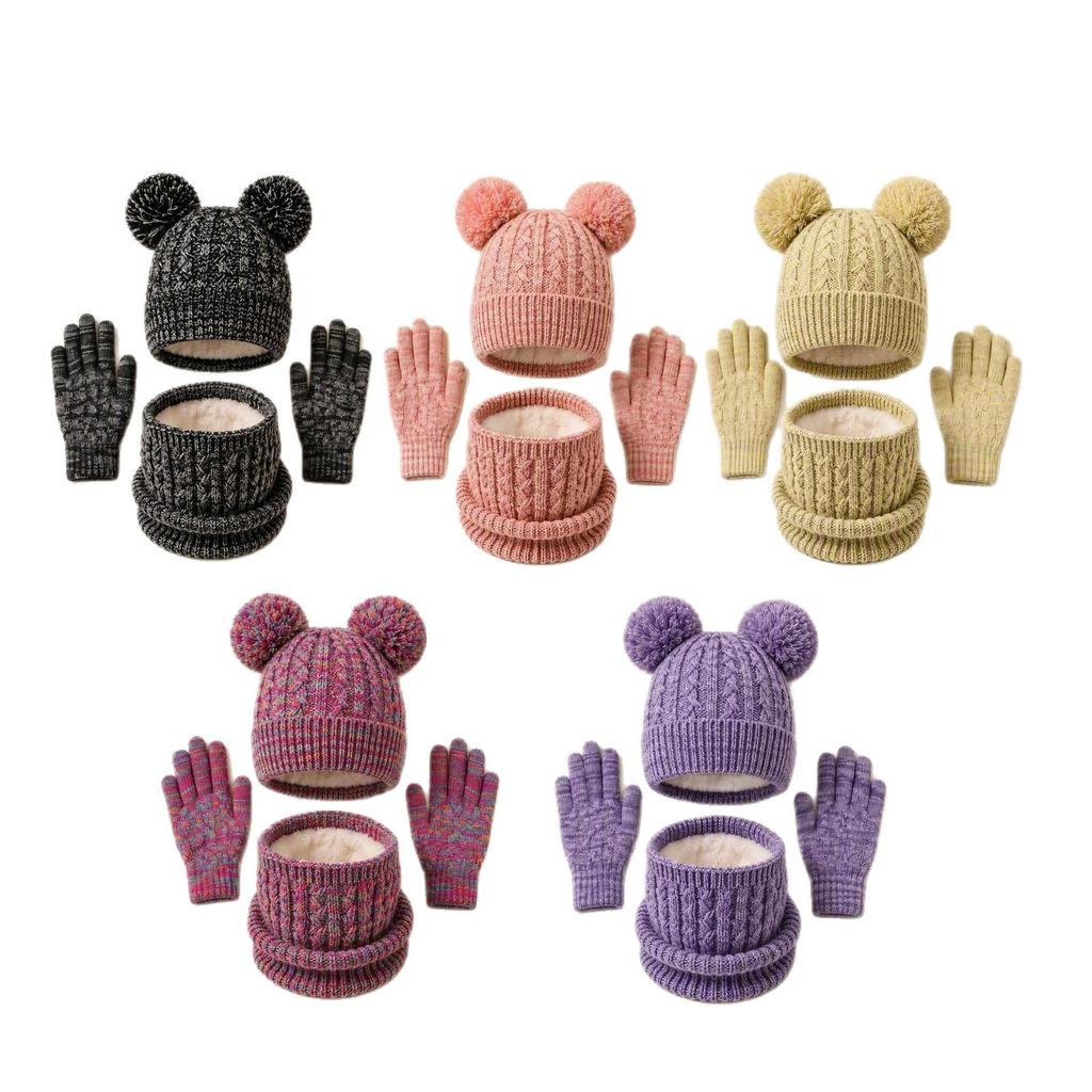 Kids Winter Warm Knitted Set Pom‑pom Hat Scarf Gloves 3‑Pcs Set Or Single Beanie Hat Windproof Ear Protection For Boys Girls Cold Weather Outdoor