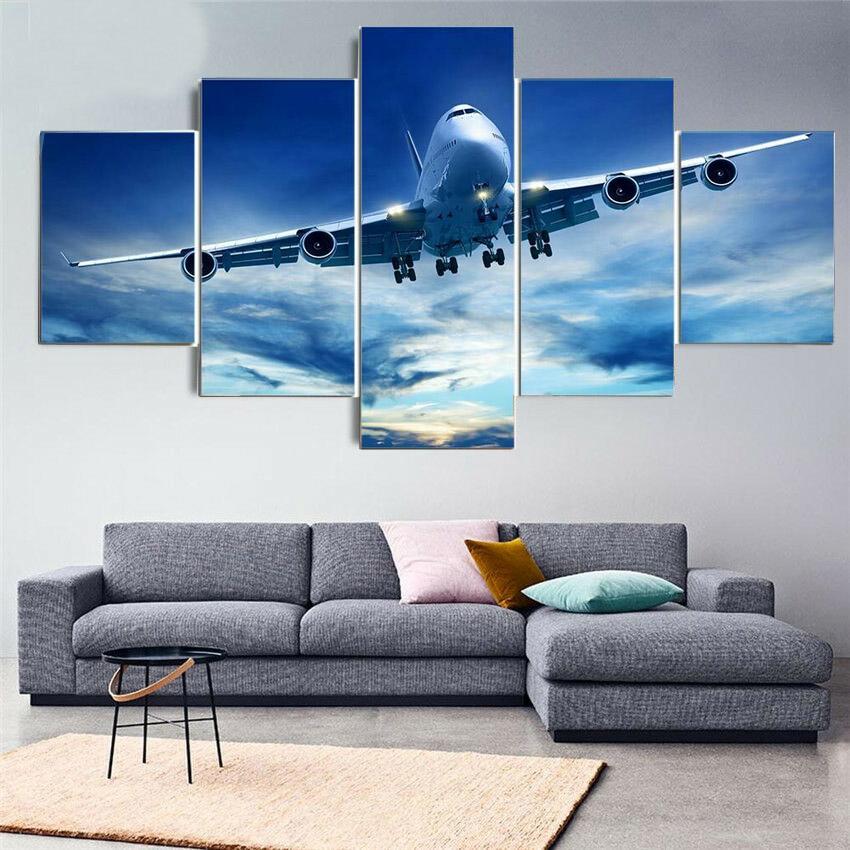 5 Panel Landscape Sunset Lights Airplane Lawn Canvas Painting Modular Posters and Prints Wall Art Pictures Home Decor No Frame