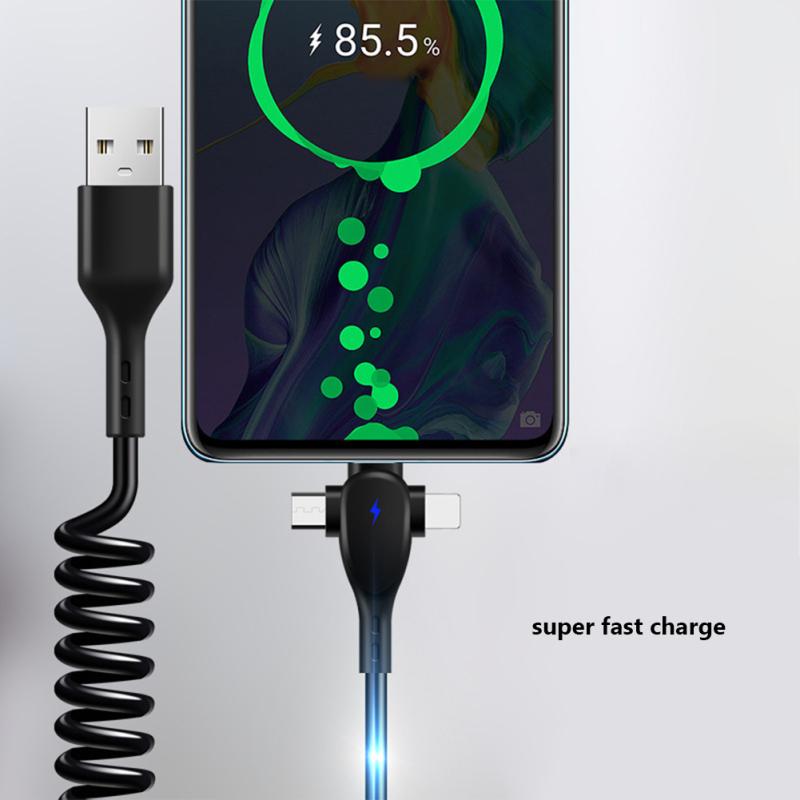 3 In 1 Retractable Usb Cable 6a 66w Fast Charging T-type Spring Data Cable Compatible For Ios