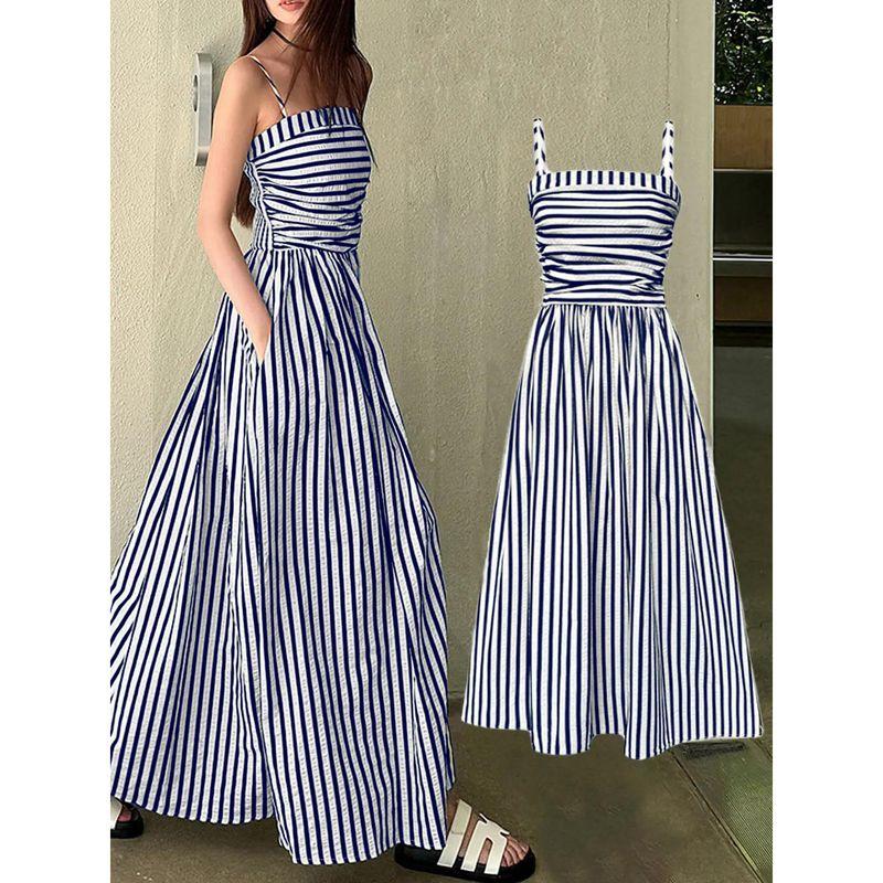 Cross-Border European and American Summer New Striped Spaghetti Strap Dress for Women, Elegant Waist-Cinching Off-Shoulder Tube Top Long Dress