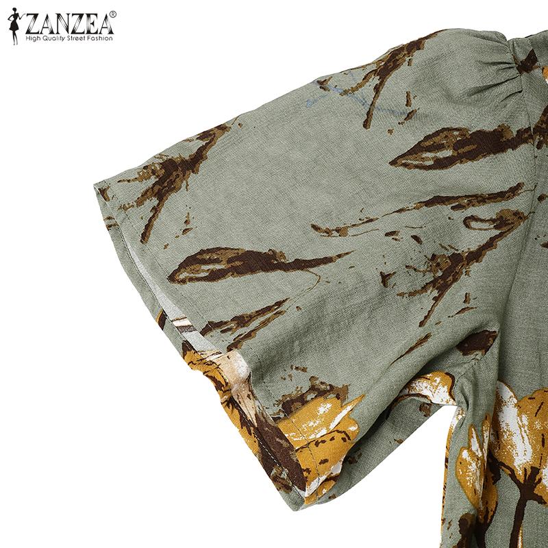 ZANZEA Damen Lässig Rundhals Rüschen Kurzarm Sommer Druckkleid