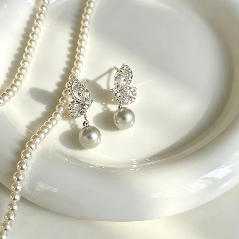 Elegant Zirconia Butterfly & Pearl Long Stud Earrings