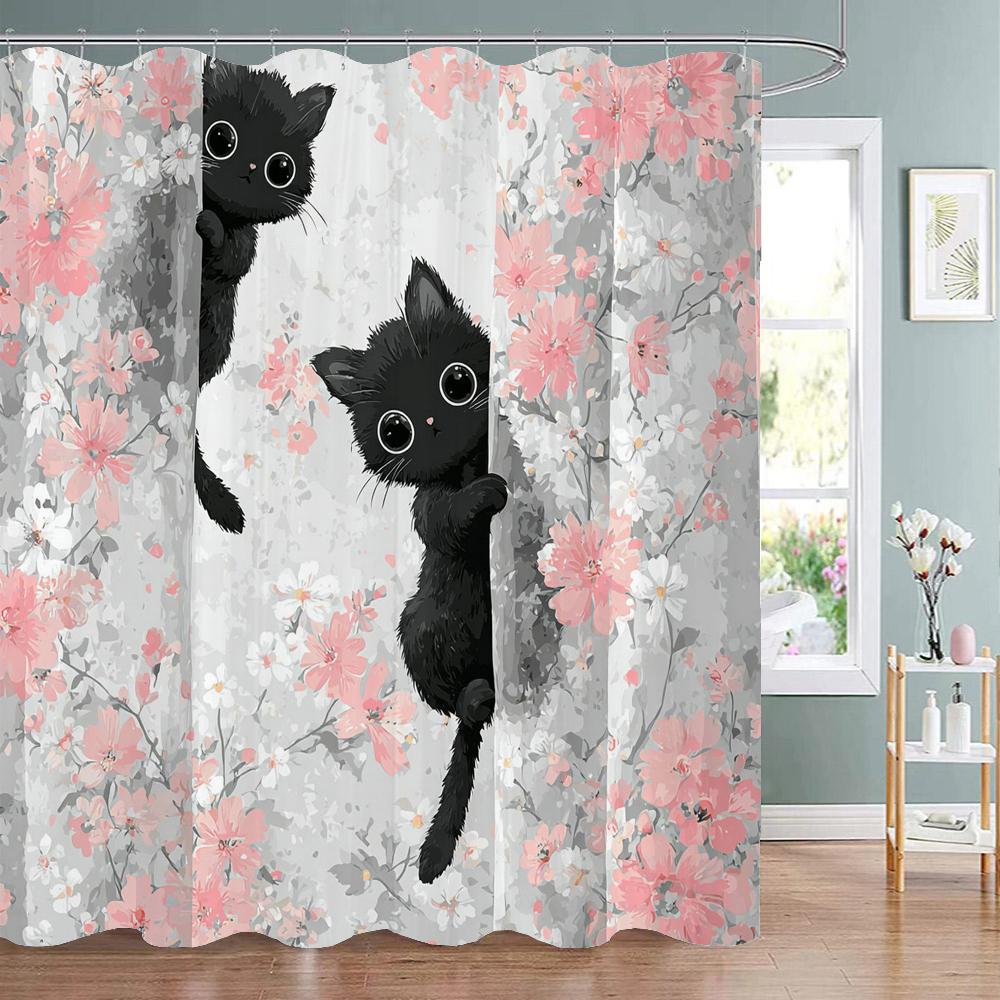 Cartoon Funny Black Cat Shower Curtain, Bathroom Decorative Shower Curtain, Waterproof Shower Curtain With Hooks W60H190(CM)-1 Pcs