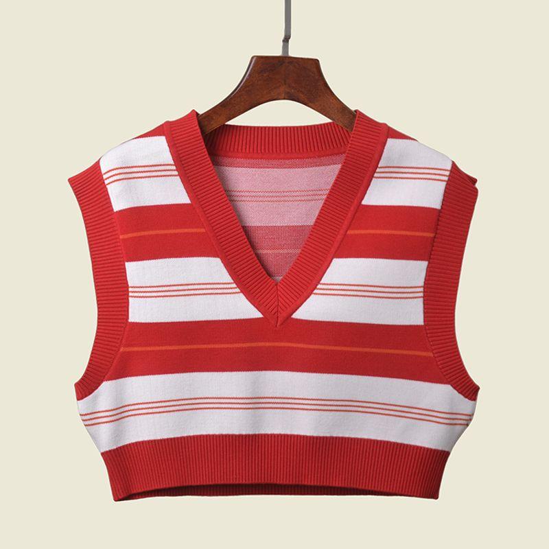 Fashion Style V Neck Stripes Short Vest Student Bandage Dress Thermal Knitting Vest