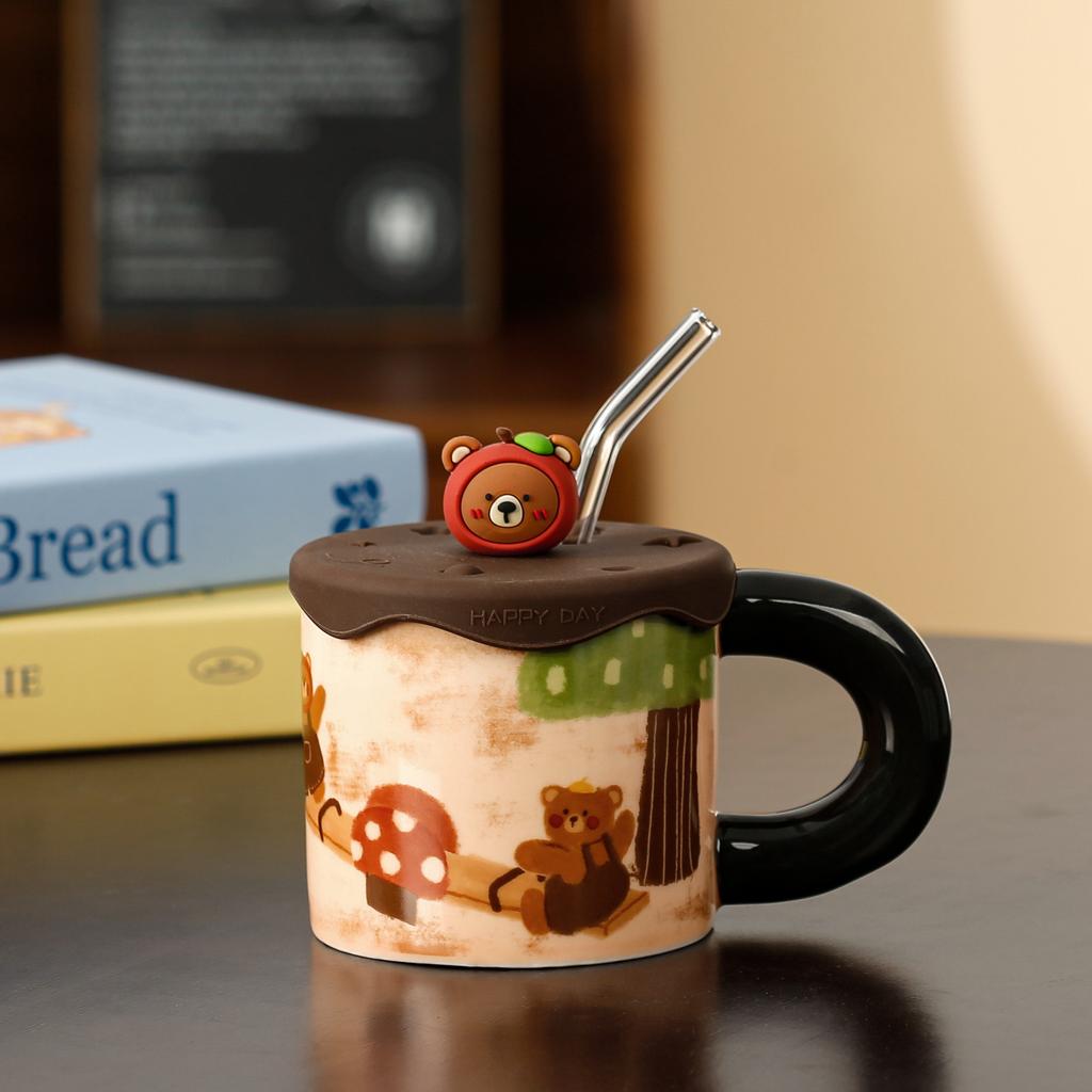 Cartoon Cute Apple Bear Pastoral Style Ceramic Cup with Lid High Appearance Large Capacity Water Cup Gift Girl