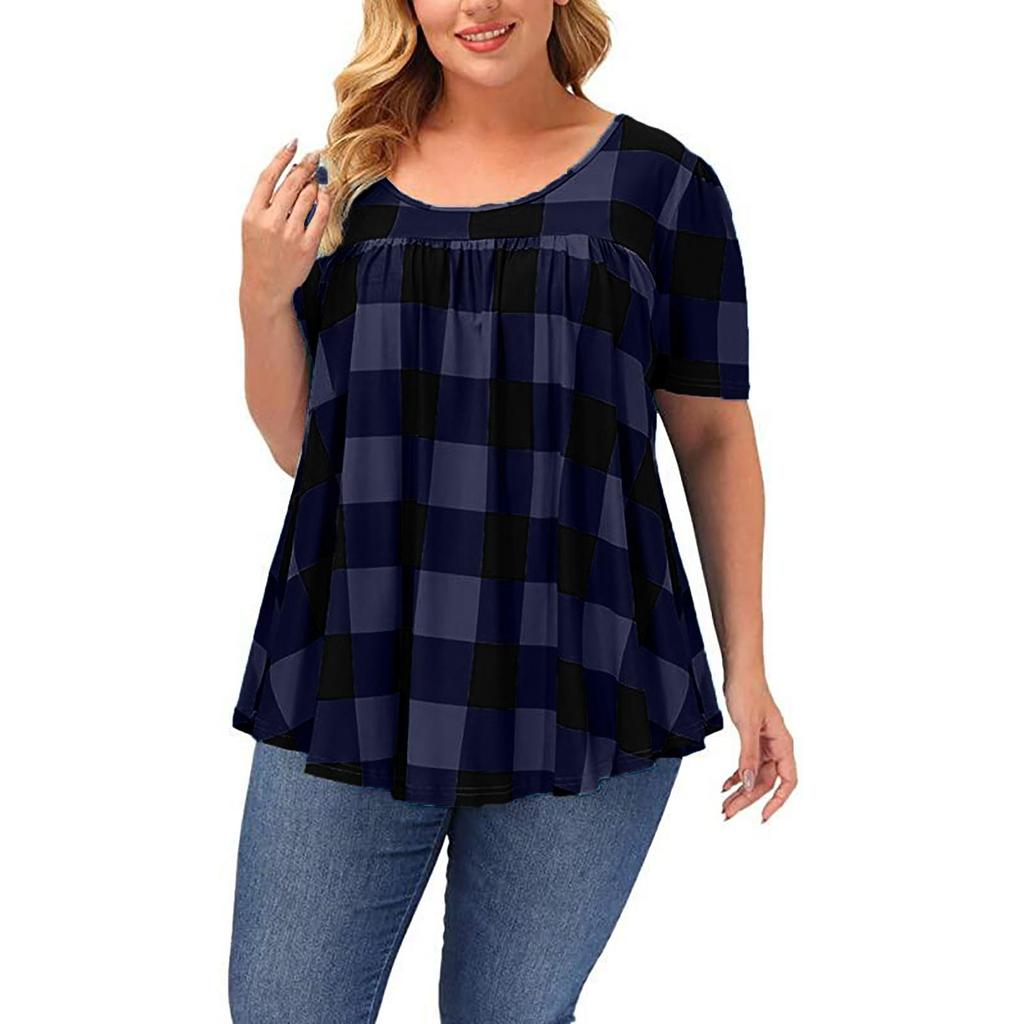 Summer Women's Short Sleeve Blouse Round Neck Loose Plaid Printed Shirt Top
