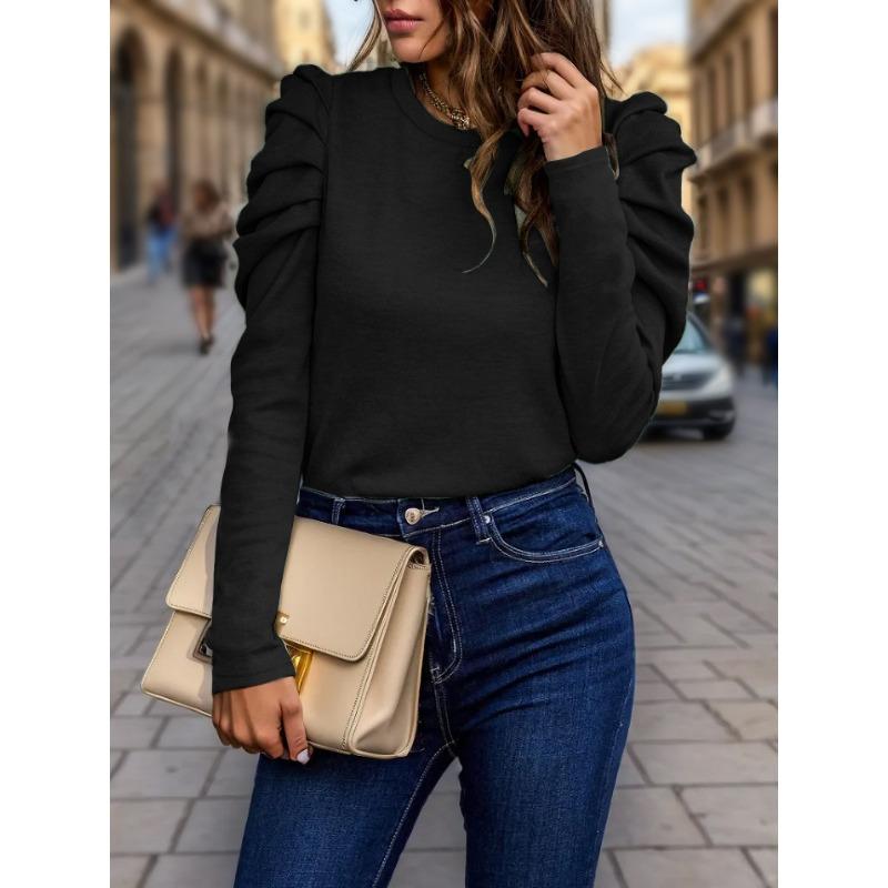 Women S Long Sleeve Puff Sleeve Crew Neck Solid Color Casual T Shirt