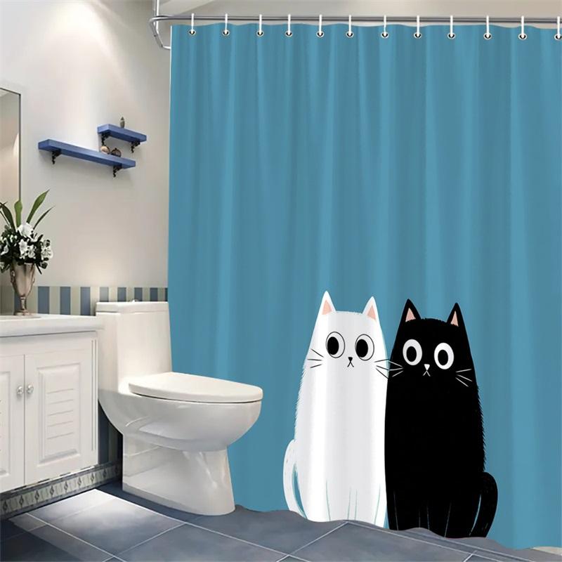 1Pc Minimalist Double Cat Pattern Shower Curtain, Polyester Fabric, Machine Washable, Suitable For Bathroom Decor.