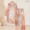 Women Plus Size Round Neck Long Sleeve Blue Gold Marble Printed High Low Top And Wide Leg Pants Two Piece Set