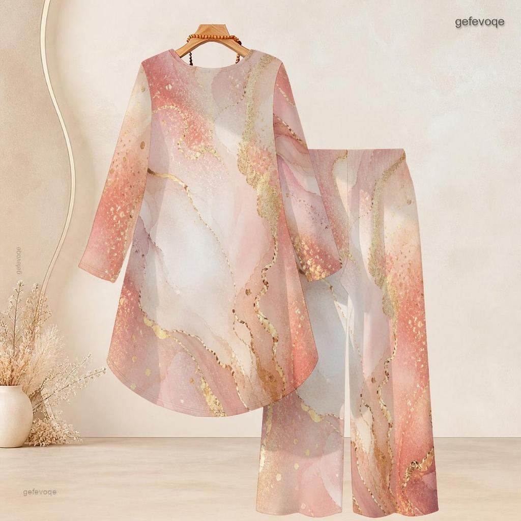 Women Plus Size Round Neck Long Sleeve Blue Gold Marble Printed High Low Top And Wide Leg Pants Two Piece Set