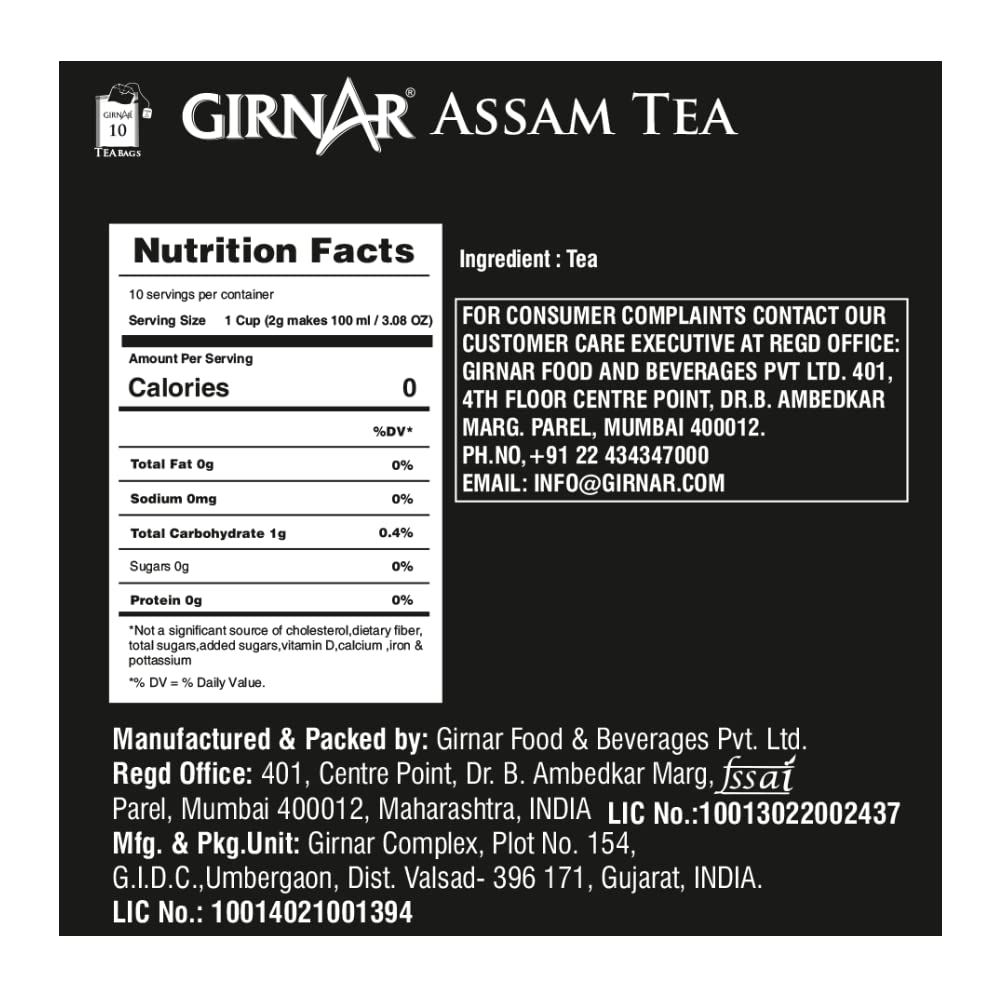 Girnar Assam Tea Single Origin Black Tea Bags With Rich Aroma Natural Taste Individually Foil Wrapped 10 Count