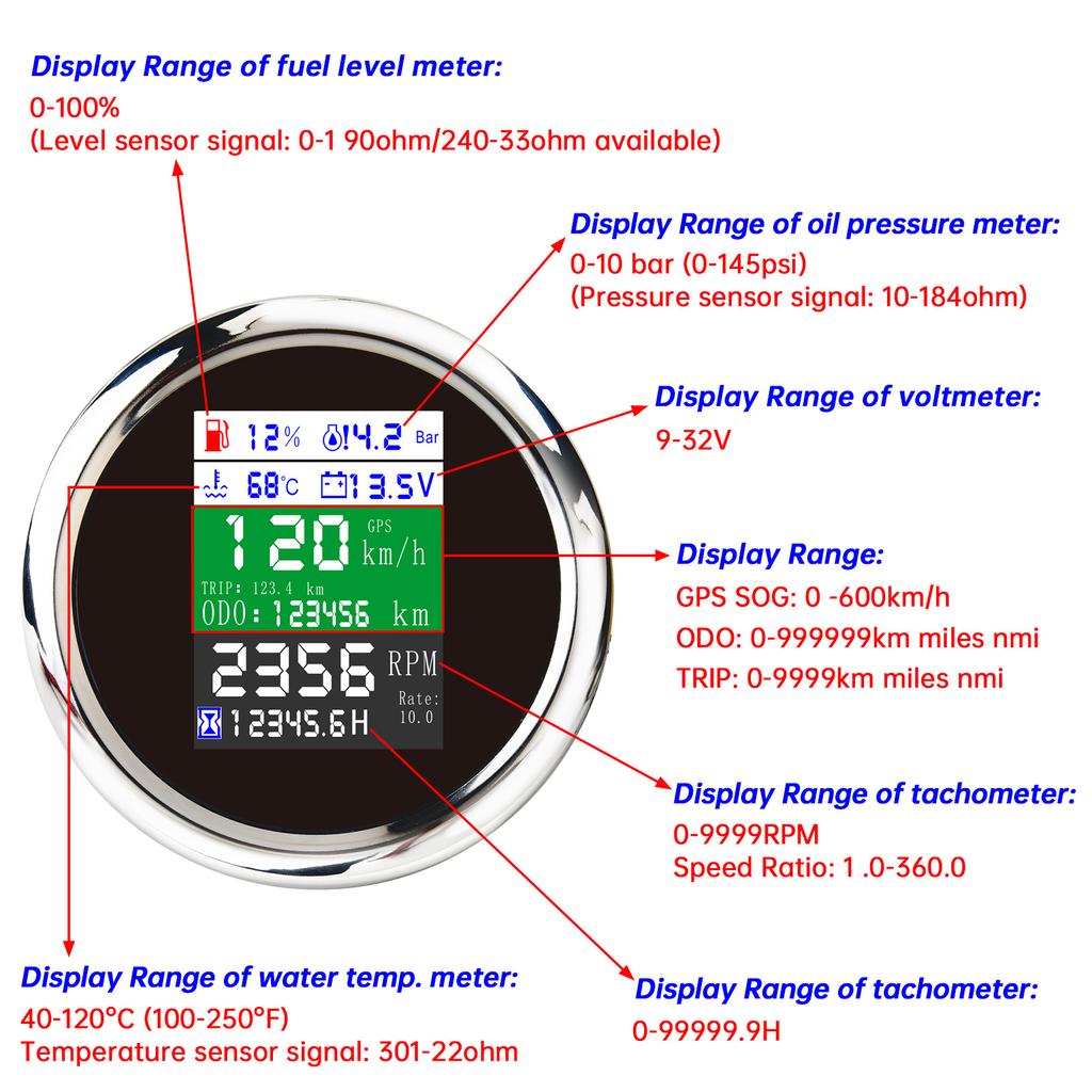 6 in 1 GPS Speedometer Tachometer Gauge Fuel Level Water Temp Oil Press 0~10Bar Sensor Alarm Temp Fuel Sender For Car Boat Motor