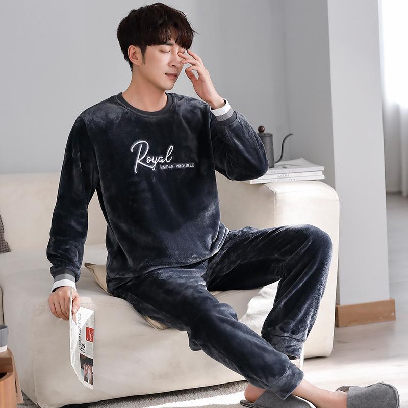Flannel Pajamas Men'S Autumn And Winter Pullover To Keep Warm Winter Fleece Thickened Coral Fleece Men'S Loungewear Set