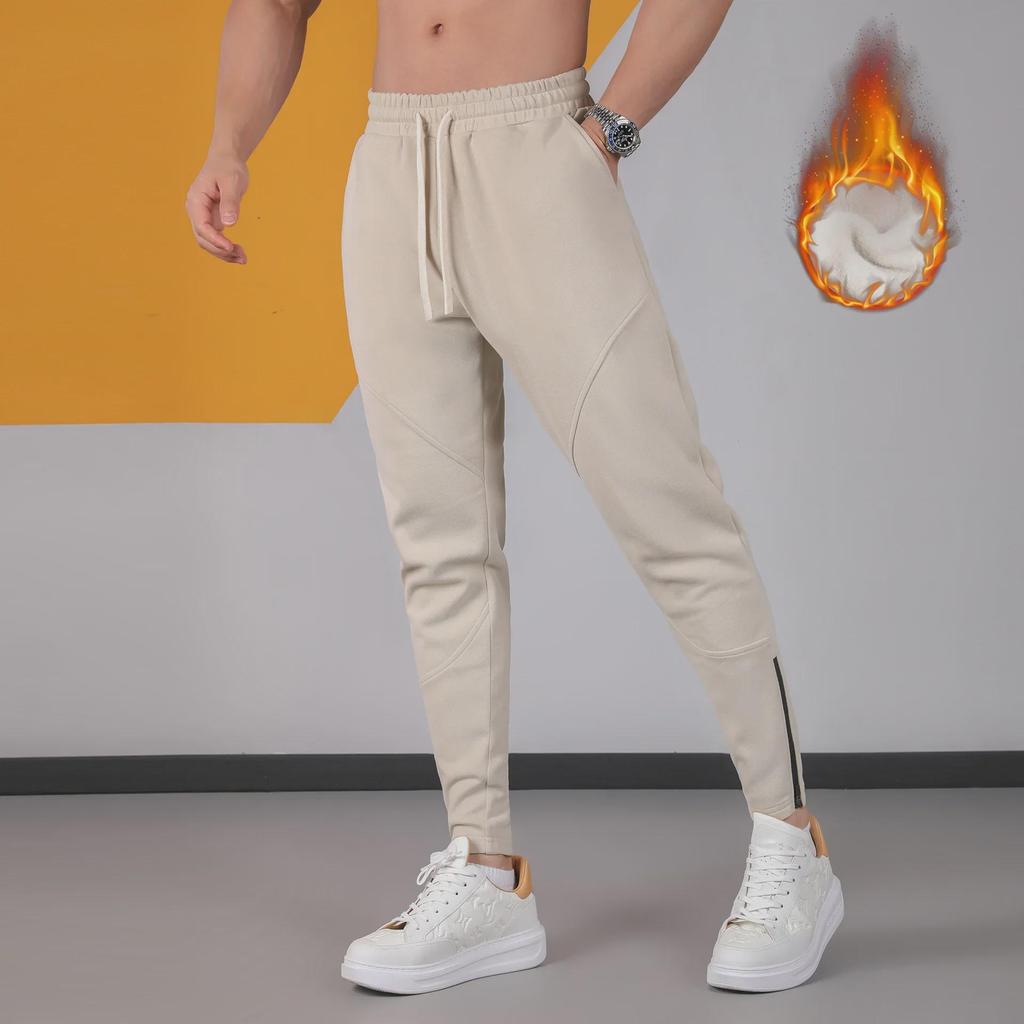 Men's Loose-Fit Plush Sweatpants: Thick, Autumn/Winter, Straight-Leg, Zippered Fitness Trousers for Running and Casual Wear.