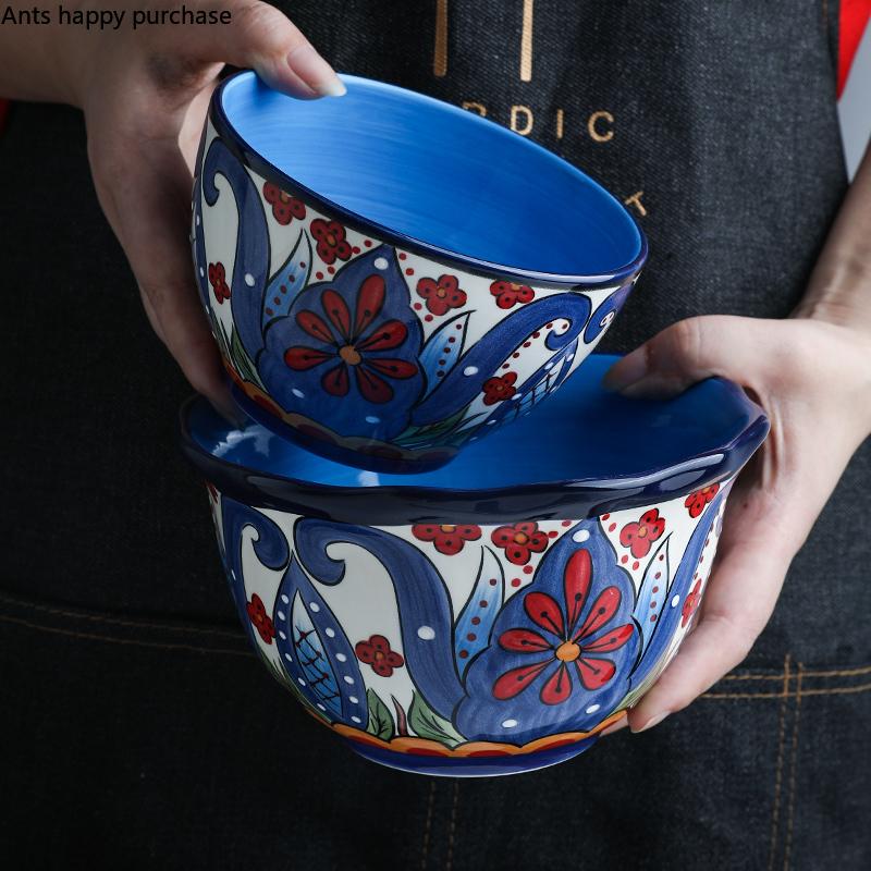 Ręcznie Malowana Ceramika Stołowa Europejska Podszkliwna Miska do Ryżu Nieregularna Miska do Sałatki Owocowej Domowy Talerz Śniadaniowy Zastawa Stołowa na Kolację