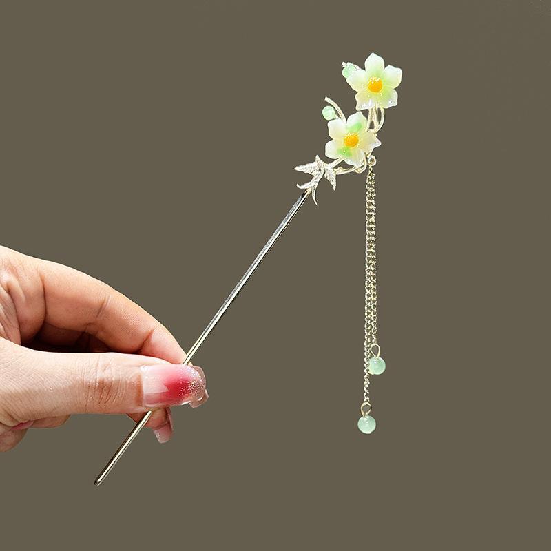 Female Alloy Hairpin With Long Tassel Chinese Hair Stick Blue Petal Headwear Fairy Pearl Cheongsam Decor Haie Bun Jewelry