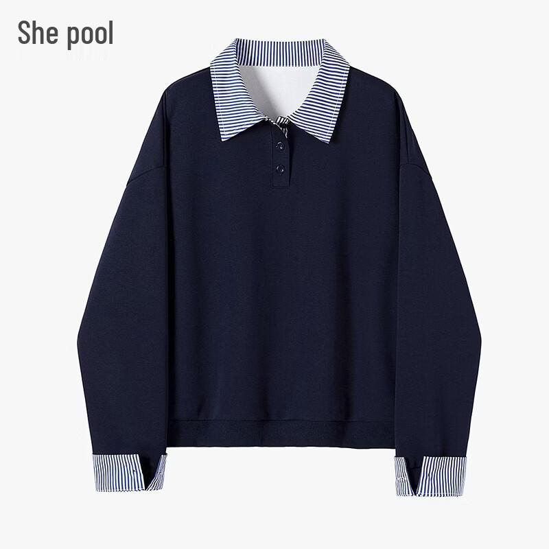 Women s Striped Lapel Faux Two-Piece Sweatshirt L