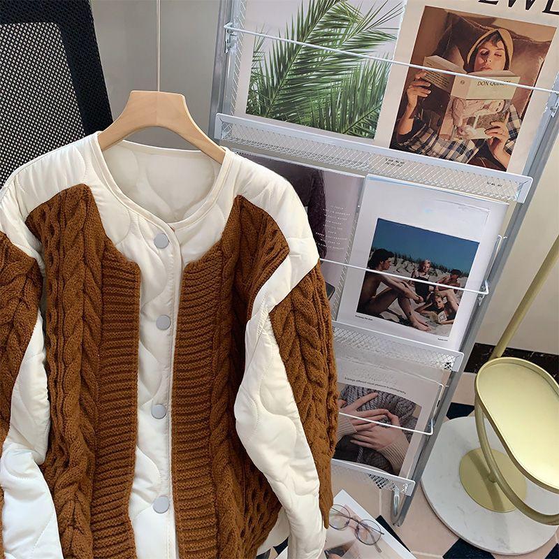 Dimanaf Maglioni Inverno 2024 Cappotto Patchwork Imbottito Bottoni Giacca Lavorata a Maglia Finto Due Pezzi Maglione Largo