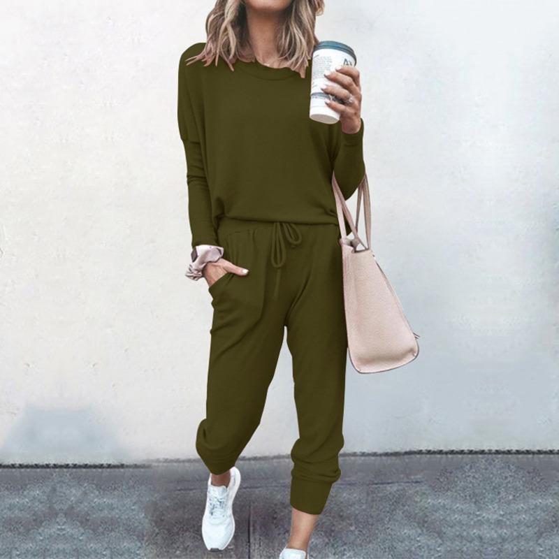 Women's Fashion Casual Spring Autumn Solid Color Print Long Sleeve O-Neck Trousers Pants Suits