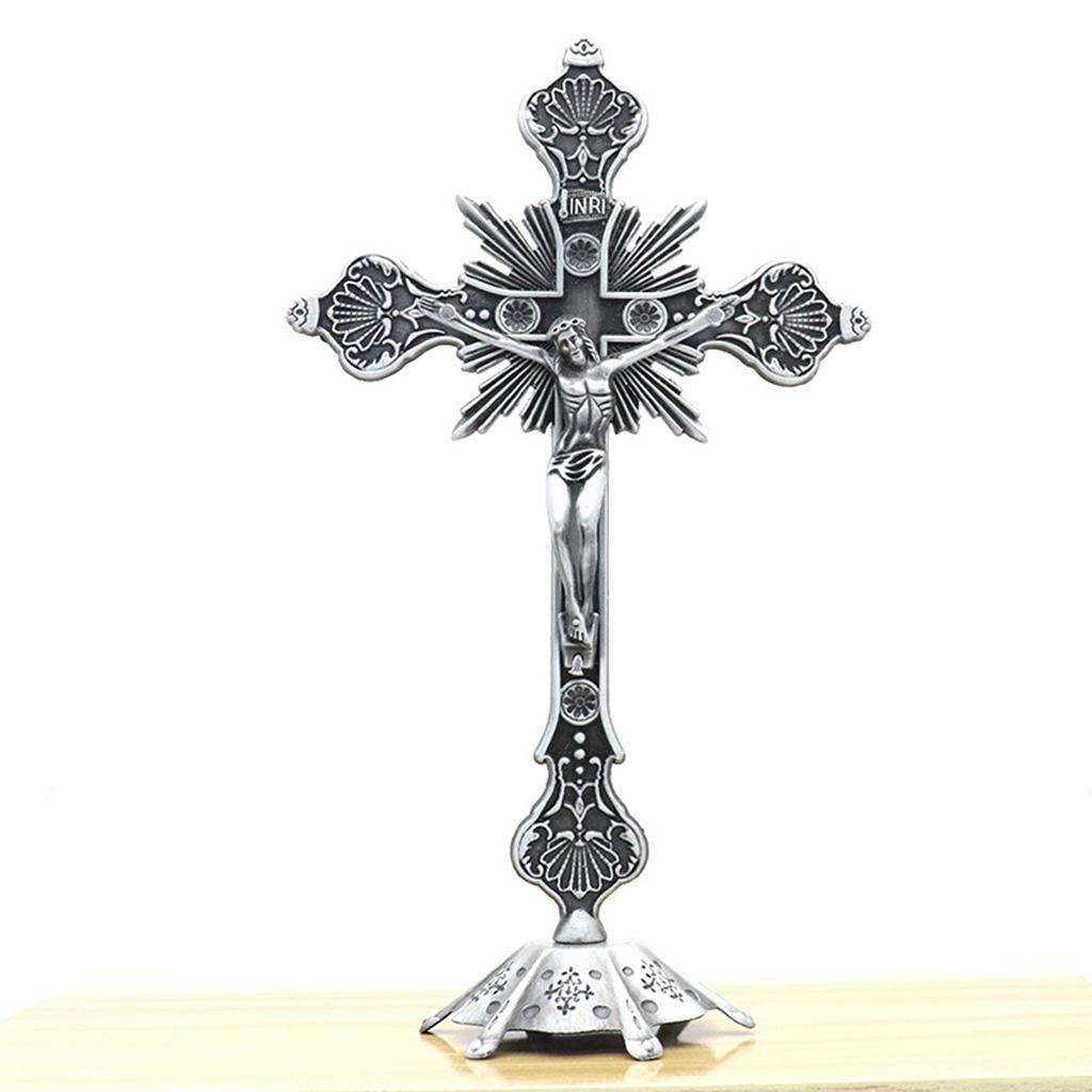 Jesus Crucifix Sculpture Jesus Cross Statue Catholic Figurine Standing Crucifix for Home Altar Living Room Table Bedroom