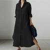New Women's Solid Color Long Sleeve Irregular Slit Cotton Linen Dress