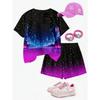 Girls' Black-to-Purple Starry Gradient K-Pop/Anime Style Short-Sleeve Set: All-Over Print "Starry Girl" T-Shirt + Gradient Mid-L