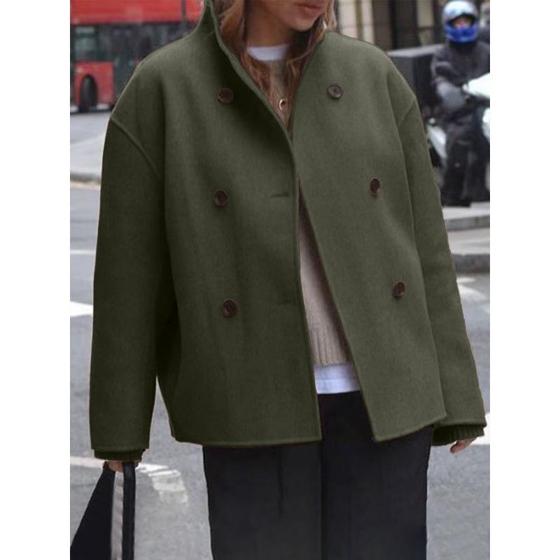 Women European Size Solid Color Double Breasted Woolen Casual Coat Outerwear
