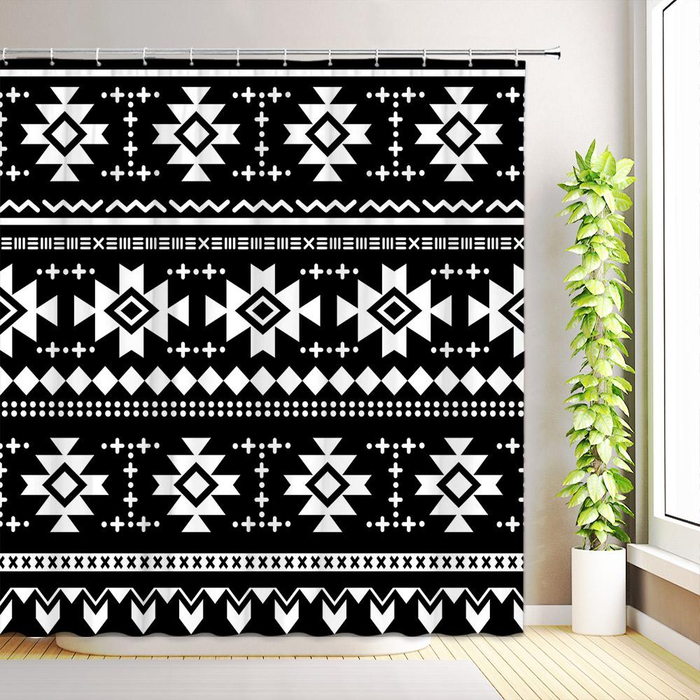 Western Aztec Shower Curtain Boho Aesthetic Abstract Geometric Cactus Longhorn Skullhead Floral Plant Bathroom Decor with Hooks