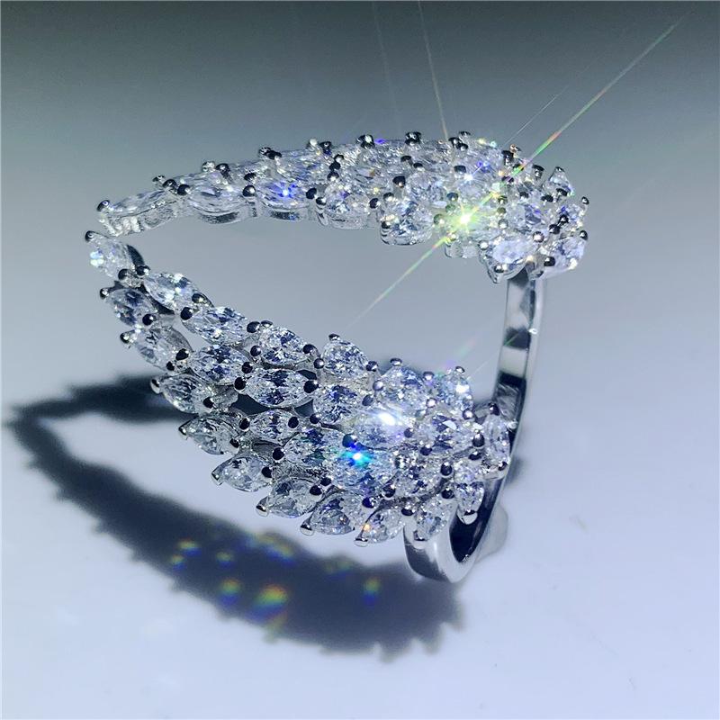 Elegant Angel Wings Feather Full Cubic Zirconia Paving Women Bride Engagement Adjustable Ring Jewelry