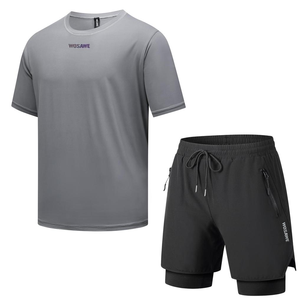 WOSAWE Męska i Damska Koszulka z Krótkim Rękawem na Rower Górski Outdoorowy Jazda na Rowerze Zestaw Spodenek MTB 2 w 1 z Wkładką