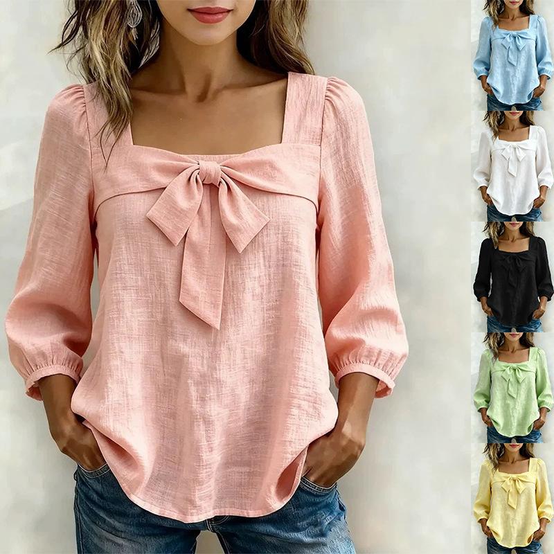 women's Square Neck Bow Tie Blouse 3/4 Puff Sleeve Casual Solid Color Top for Summer