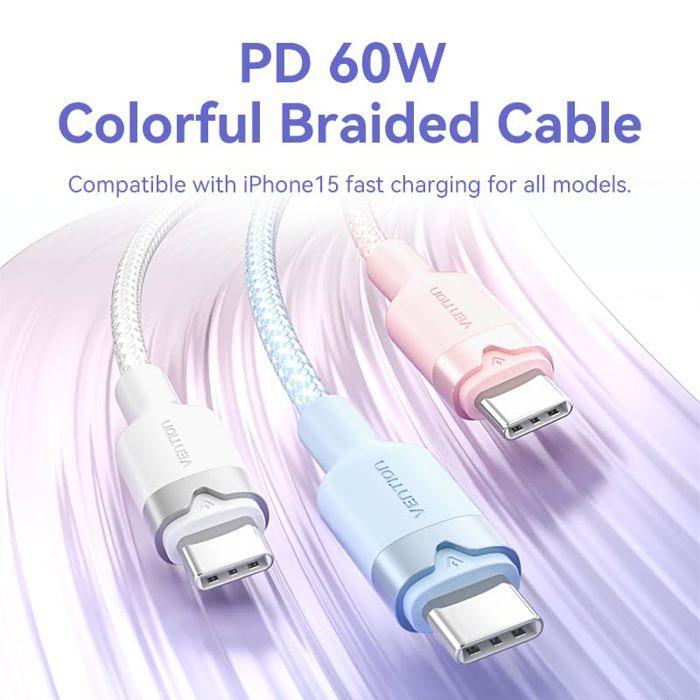 Câble USB Type C - Vention - 2 M - Charge rapide - Tressée - Haute vitesse - 60 W - 480 Mbps - 3 A - Mâle à mâle - Noir