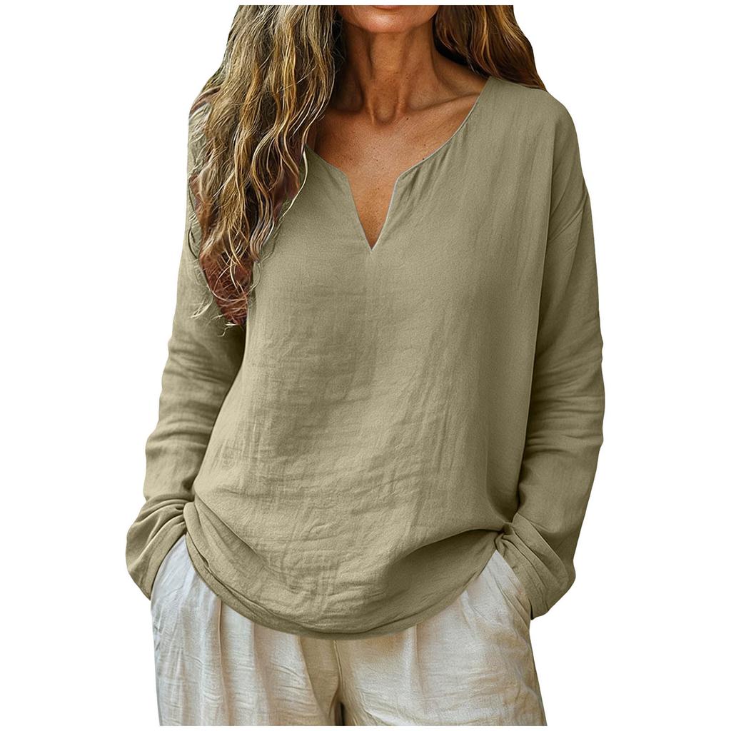 Women's Fashionable Loose-Fit -Color Cotton-Linen V-Neck Long-Sleeve Shirt