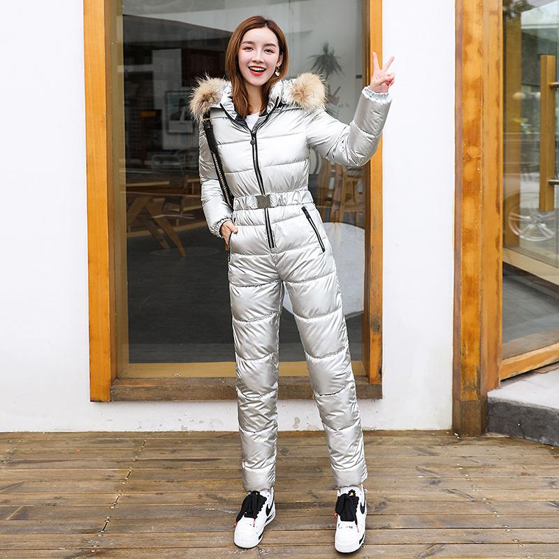 1PC Women Winter Jumpsuit Snow Snowboarding Ski Suit Hooded Fur Coat Snowsuit Women Outdoor Jacket Windproof Skisuit