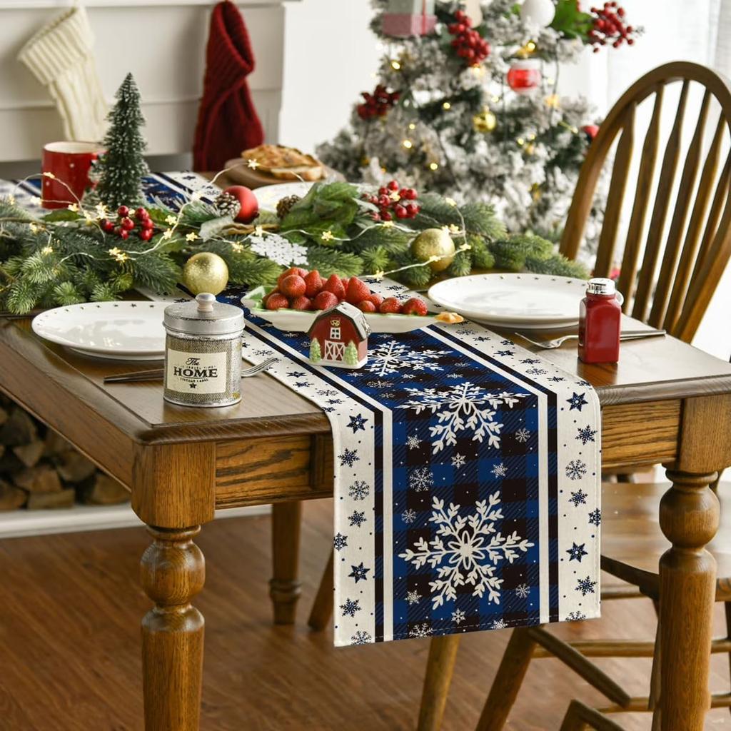 Checkered Snowflake Christmas Table Runner, Seasonal Winter Kitchen Table Decoration, Suitable For Home Party Decoration