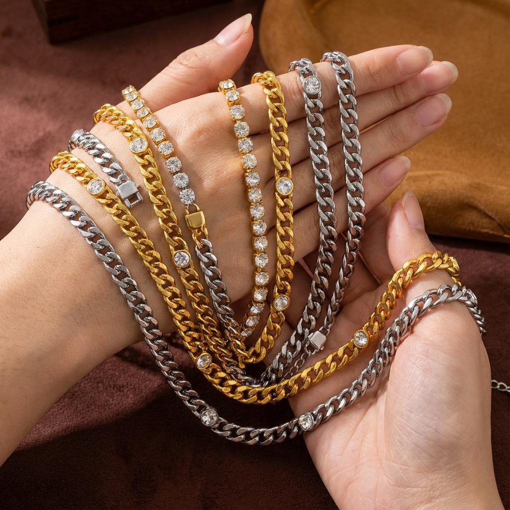 European Stainless Steel Hip Hop Bracelet & Necklace Set with Gold-Plated Zircon Inlay