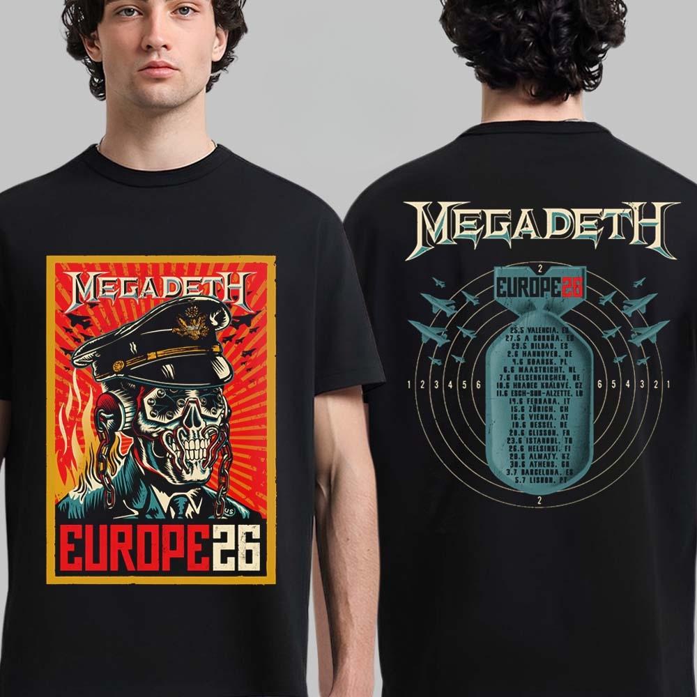 Megadeth Europa 2026 Tour Grafica Merch Maglietta 100% Cotone Unisex Uomo Donna Magliette Y2k F