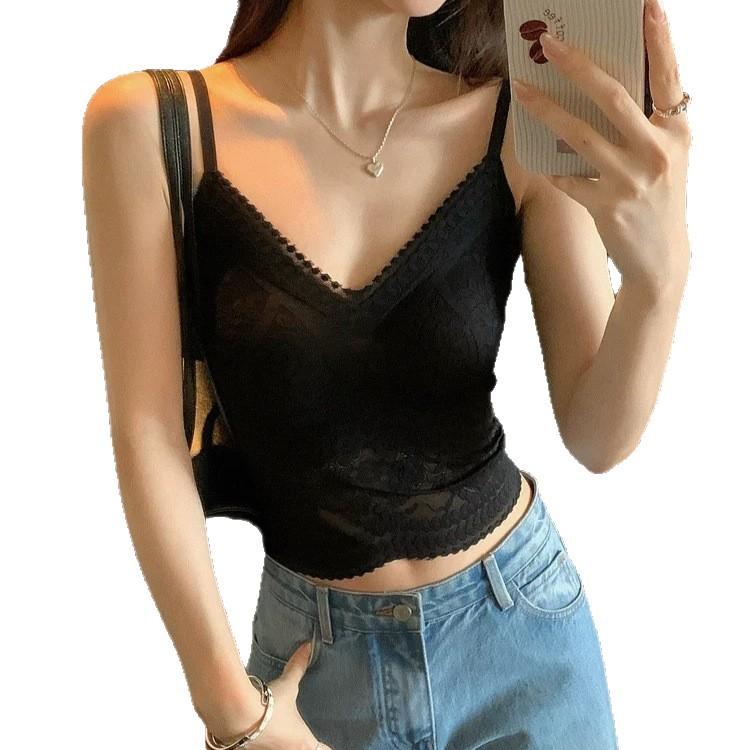 #Summer new Spice Girl style V-neck lace dispensing splicing ice silk vest female slim one-piece with chest pad