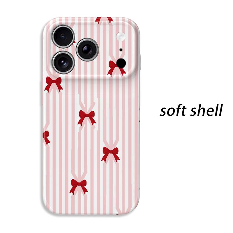 Precious Sweet Pink Striped Red Bow Pattern Film Aesthetic Protective Shockproof Bumper Phone Case For iPhone 13 14 15 16 17 Pro Max Plus