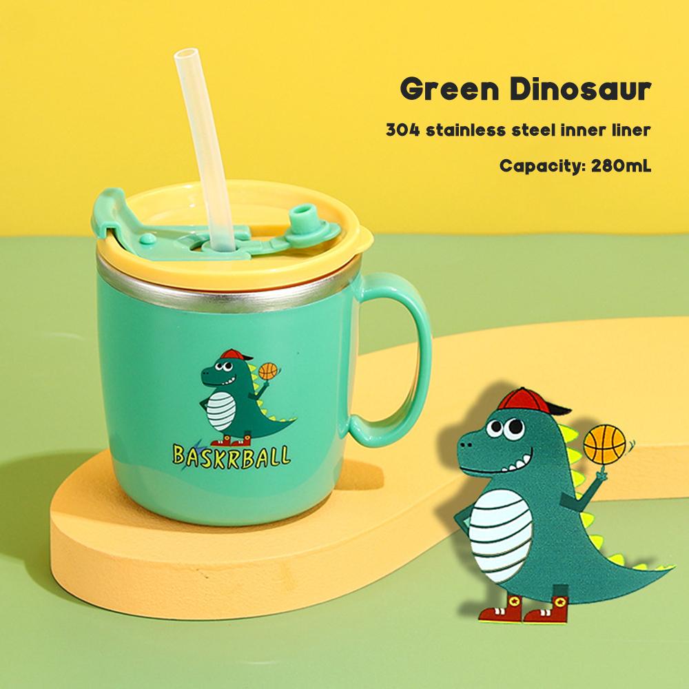 280ml Dětský hrneček na krmení s dinosaurem Nerezová termoska Hrneček se slámkou Dětský hrneček na mléko Proti horku a úniku Batolecí láhev na vodu