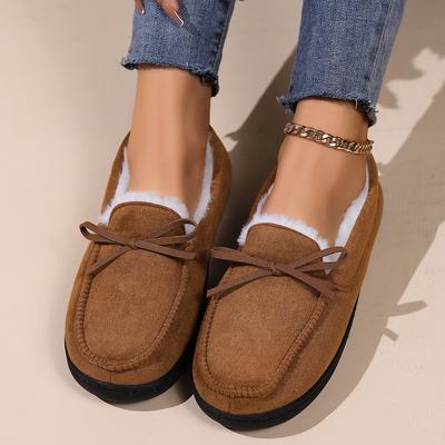 Women's Bowknot Decor Flat Loafers Casual Slip On Plush Lined Winter Shoes Women's Comfortable Shoes