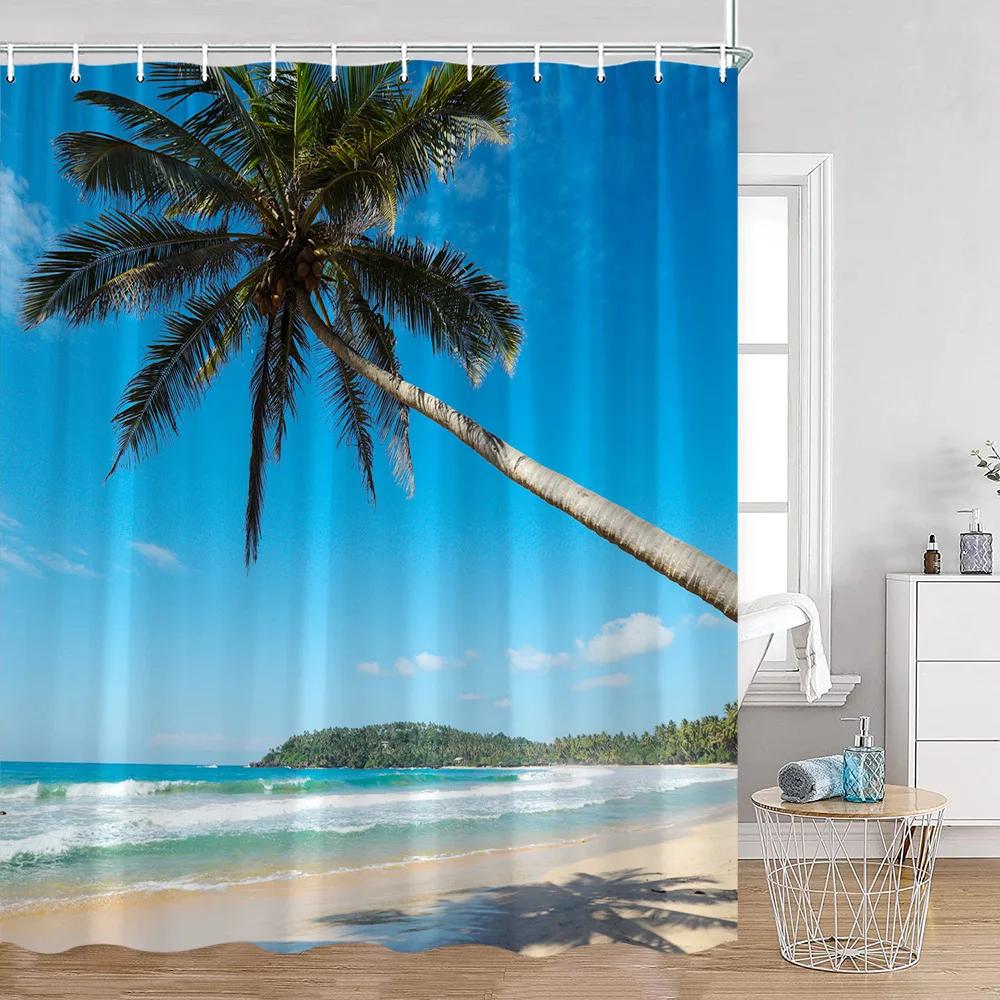 Seaside Beach Shower Curtains Summer Vacation Coconut Trees Seascape Sea Scenery Bathroom Decorations Polyester Bath Curtain